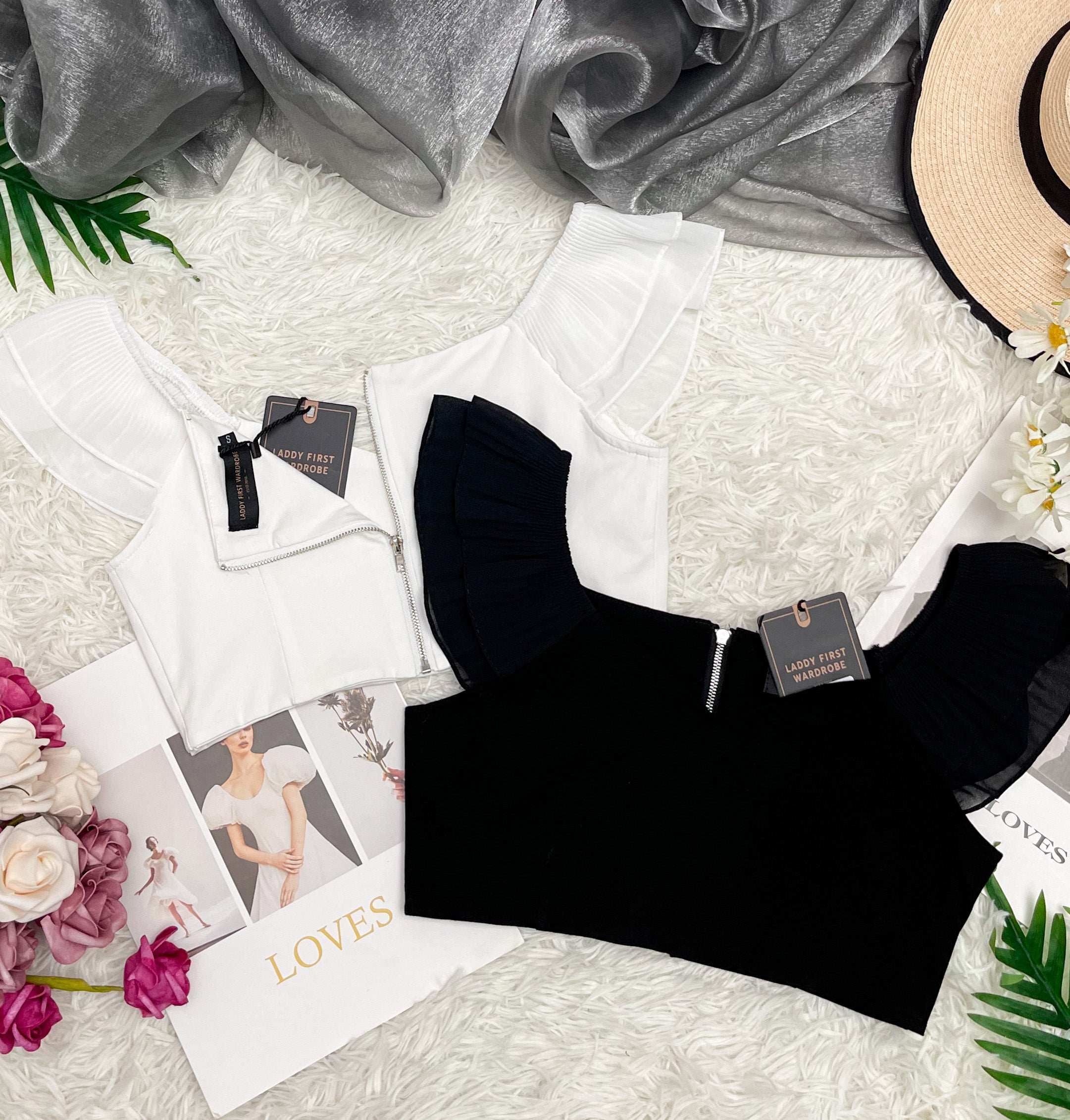 【T226341】独家爆款「短版」无袖叠层荷叶边时装上衣，后中拉链 ❤❤ 【A-R1-C4】