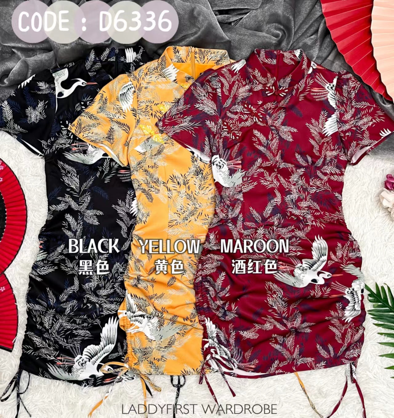 【D6336】复古印花旗袍抽绳连身裙子，内有里布 ❤️❤️