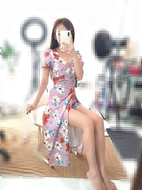 【D3320】【网站福利款✨】公主袖交叉领连身summer裙子，内有裤子【B-RU- C1】