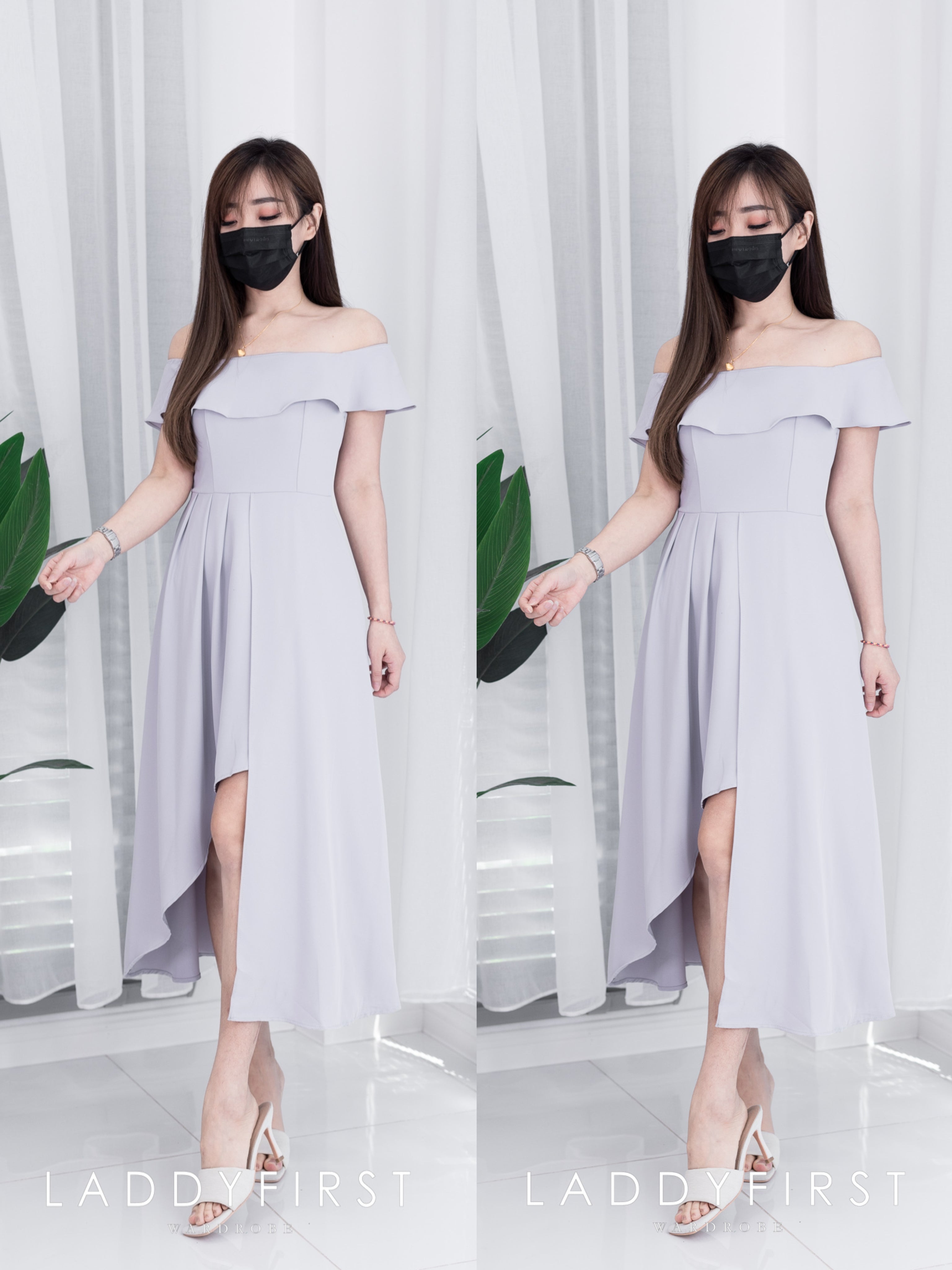【D22503】一字肩假两件不规则长短高端西装垂感连身裙子