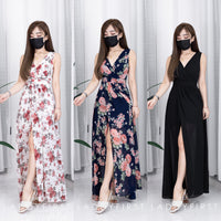 【D87087】V领无袖大花收腰summer 长裙【A-RU-C1】