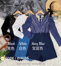 【D14105】【网站福利款✨】长袖蕾丝上衣拼接牛仔连体裤 , 有口袋 【A-R1-C4】
