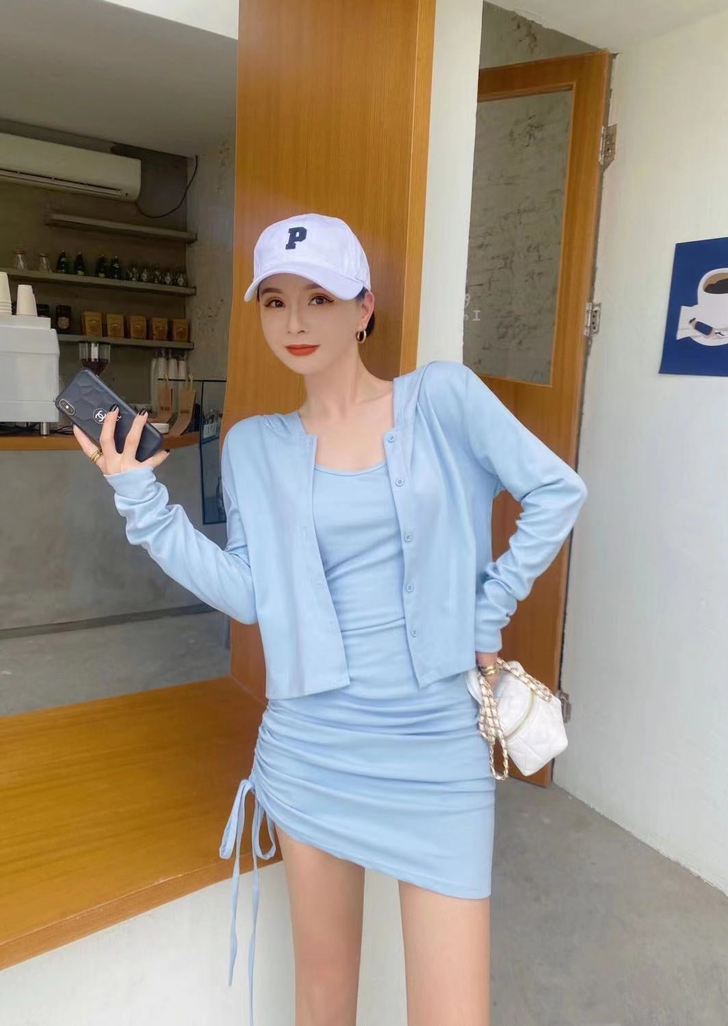 【SS8180】两件式纯棉弹力套装背带抽绳裙子, 肩带可自行调节➕ 长袖外套