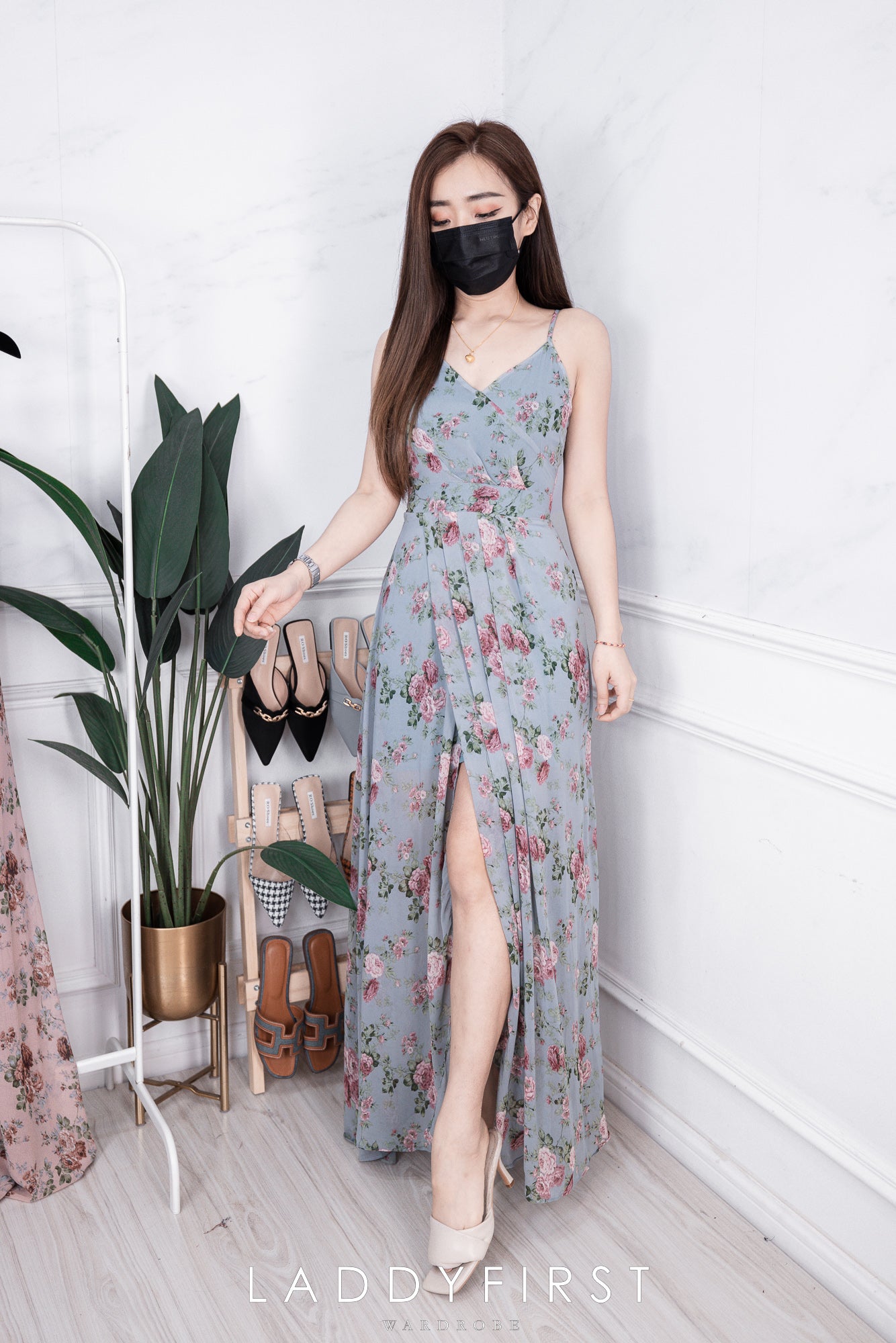 【D22894】独家爆款性感V领吊带碎花雪纺连身长裙，肩带可调节【A-R2-C6】