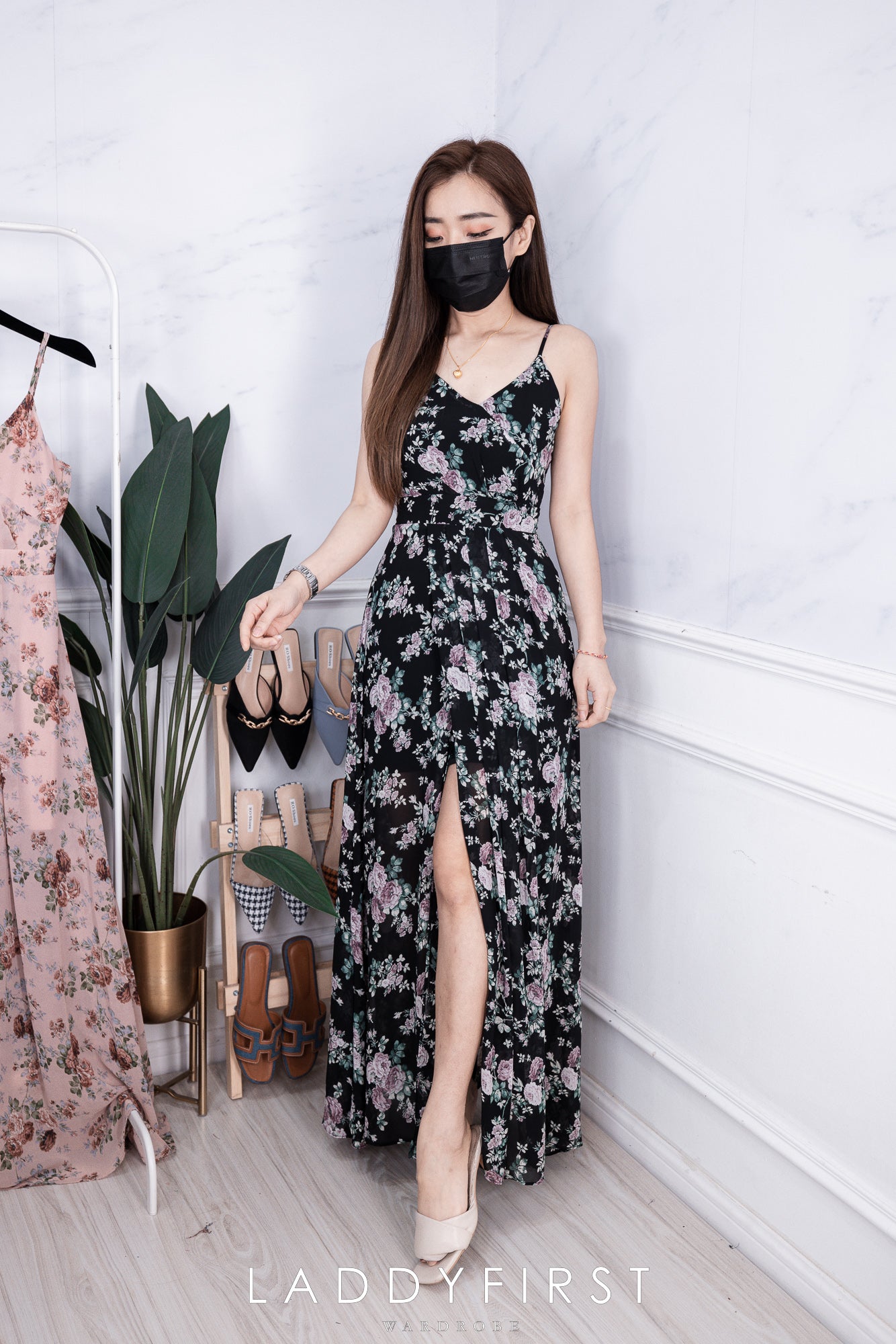 【D22894】独家爆款性感V领吊带碎花雪纺连身长裙，肩带可调节【A-R2-C6】