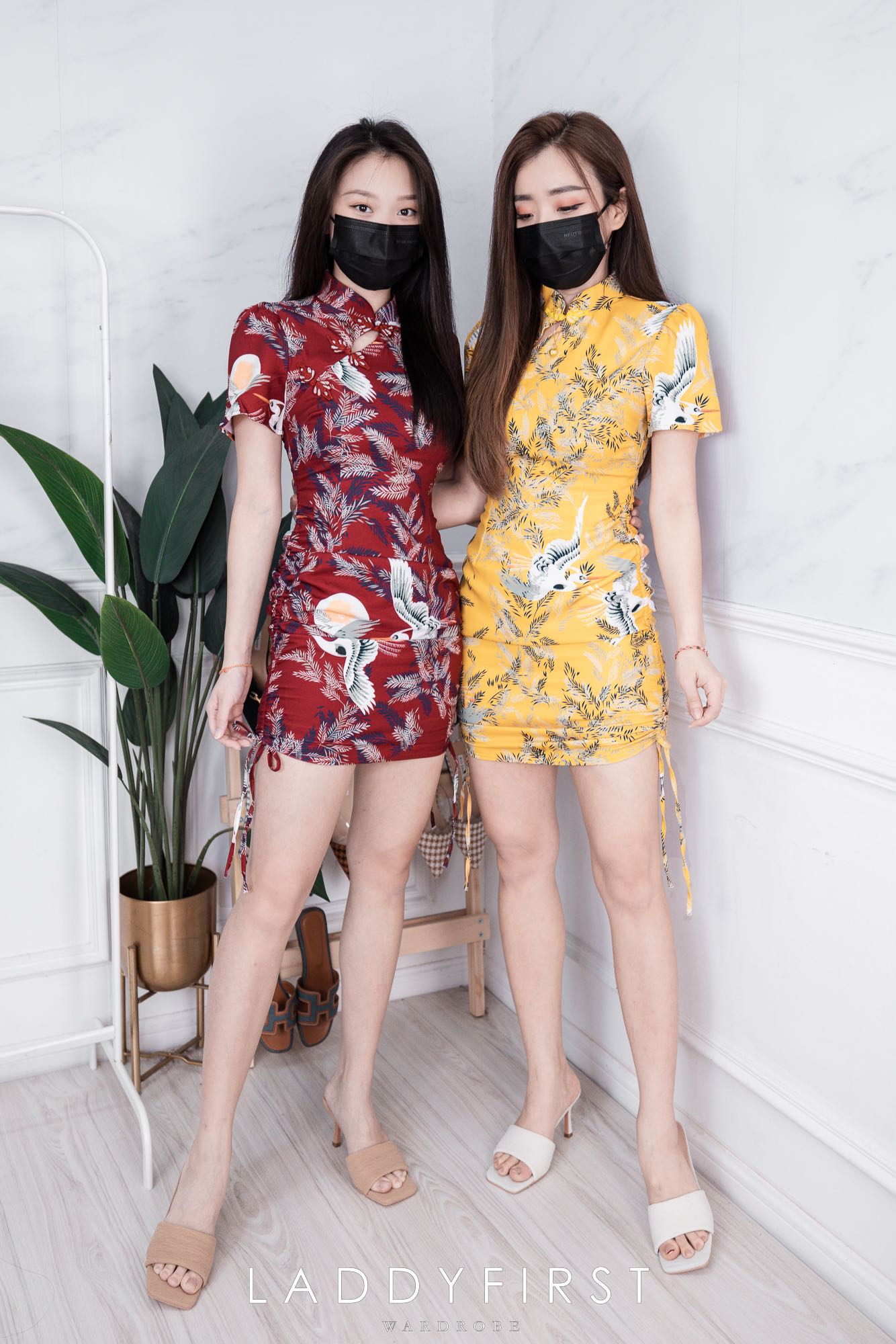 【D6336】复古印花旗袍抽绳连身裙子，内有里布 ❤️❤️