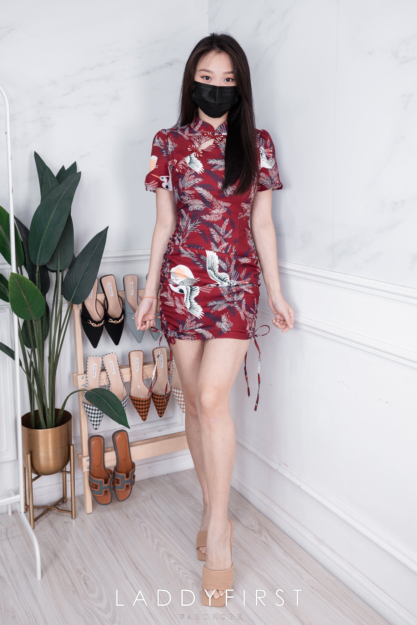 【D6336】复古印花旗袍抽绳连身裙子，内有里布 ❤️❤️