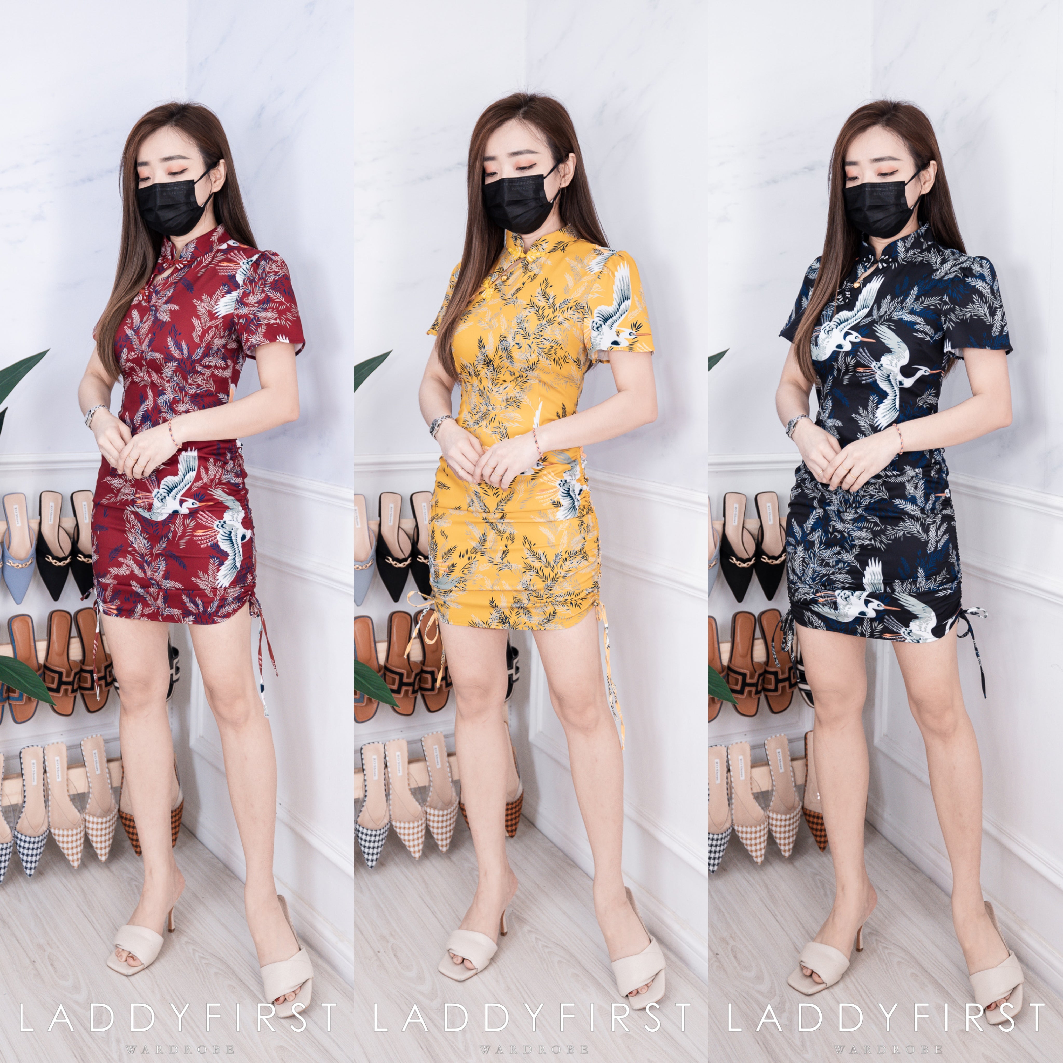 【D6336】复古印花旗袍抽绳连身裙子，内有里布 ❤️❤️